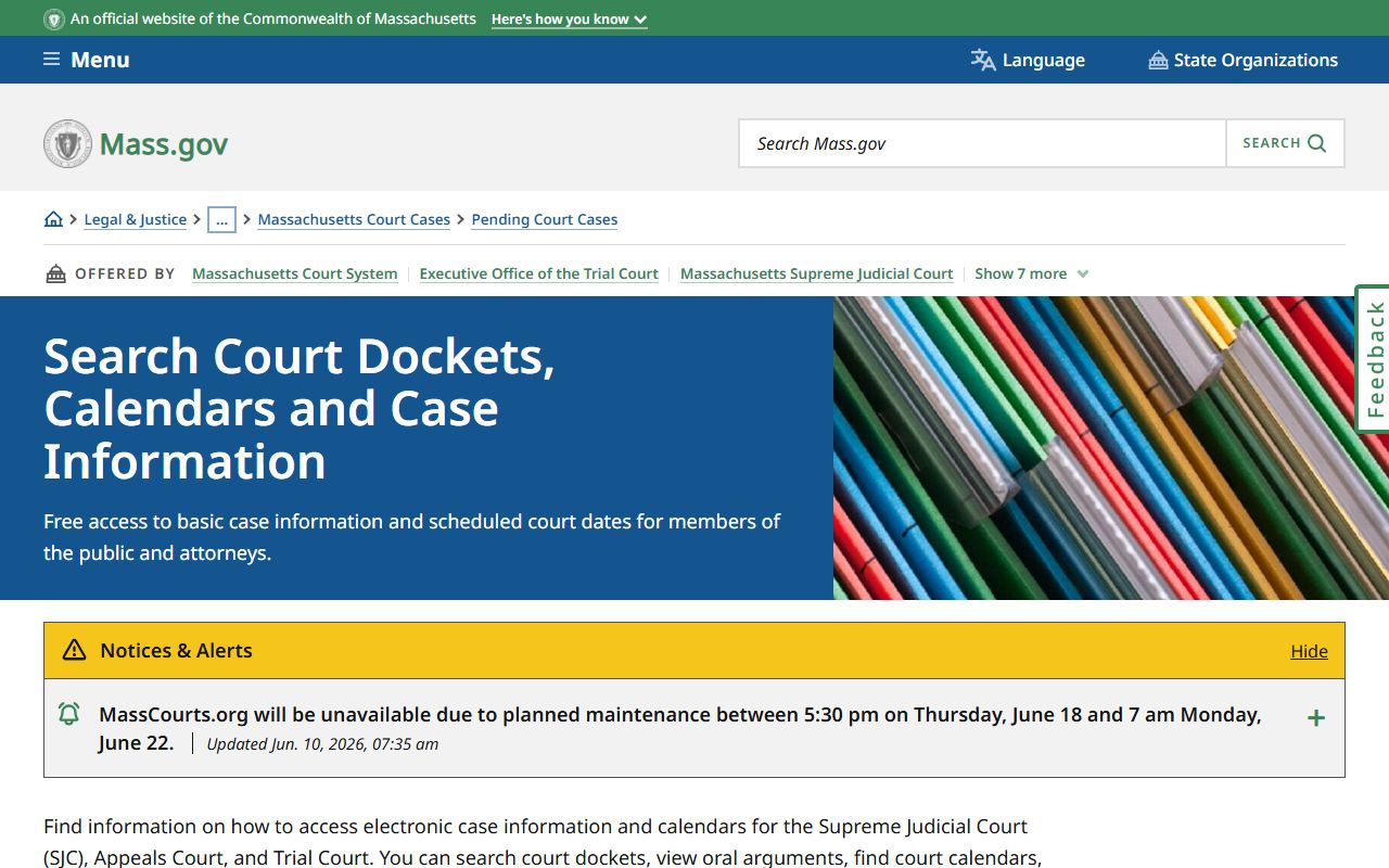 Mass.gov docket hub for Worcester County court records after jail arrest