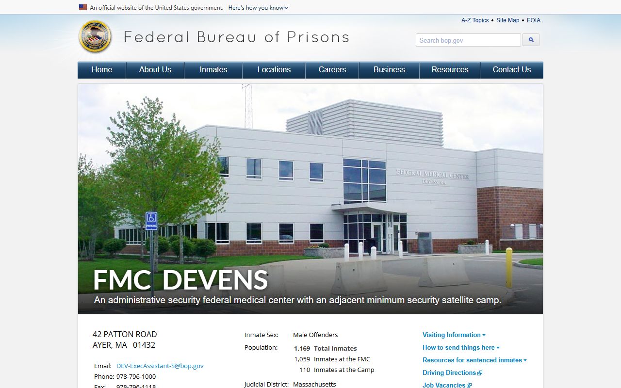 Federal Medical Center Devens BOP inmate search and facility record