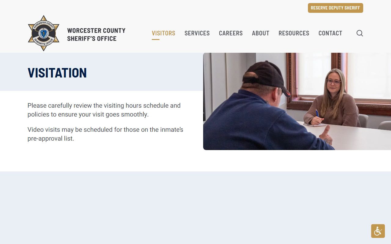 Worcester County jail visitation rules for inmate population visits