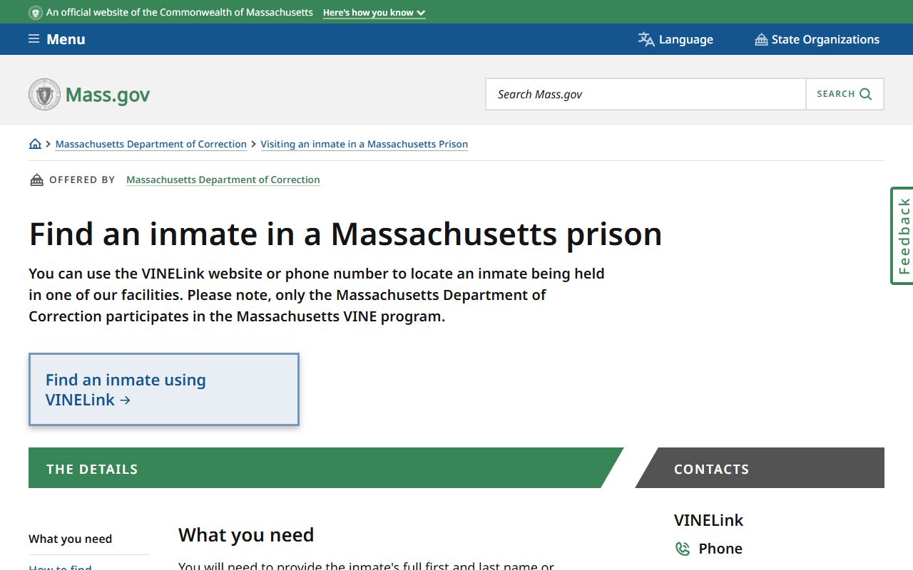 Worcester County inmate records Massachusetts DOC and VINE locator instructions